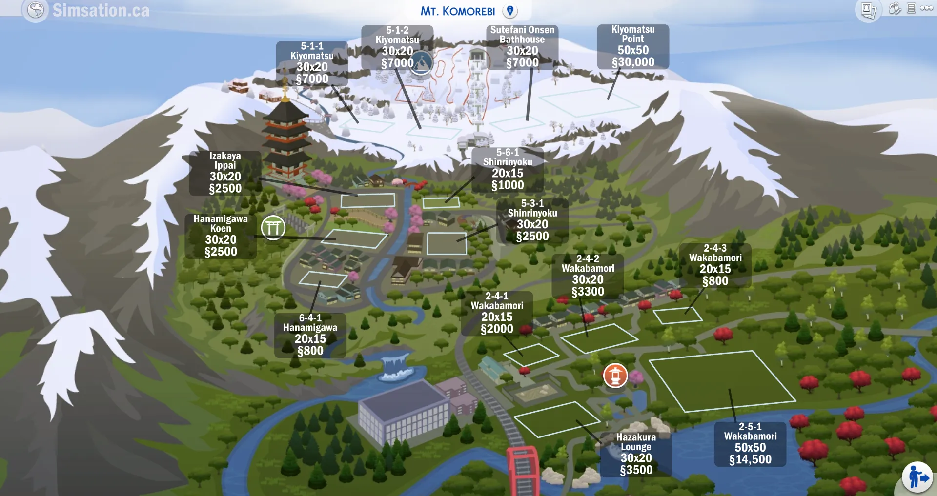 Labelled map of Mt. Komorebi showing bulldozed lots